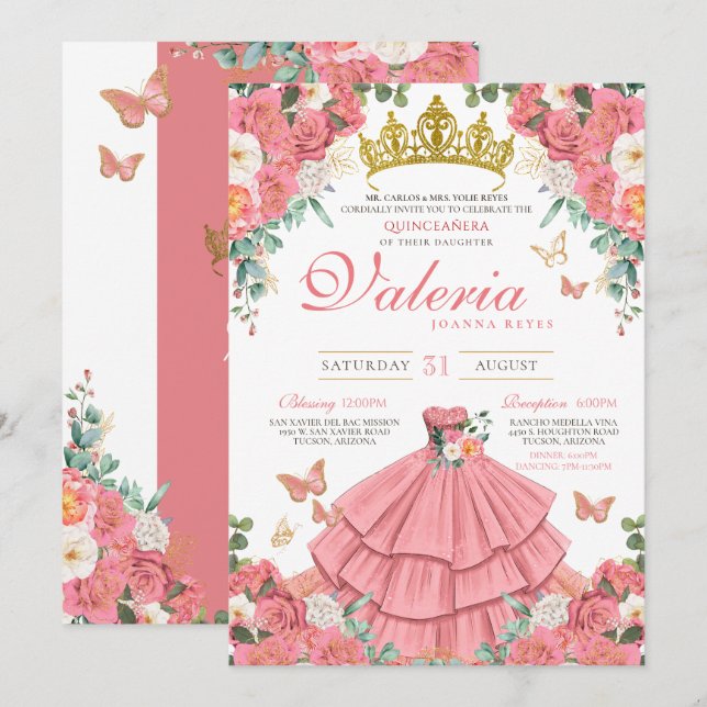 Invitation Rose papillon rose Élégant Princesse Quinceanera (Devant / Derrière)