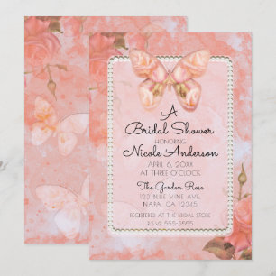 Invitation Rose papillon vintage rose corail mariage