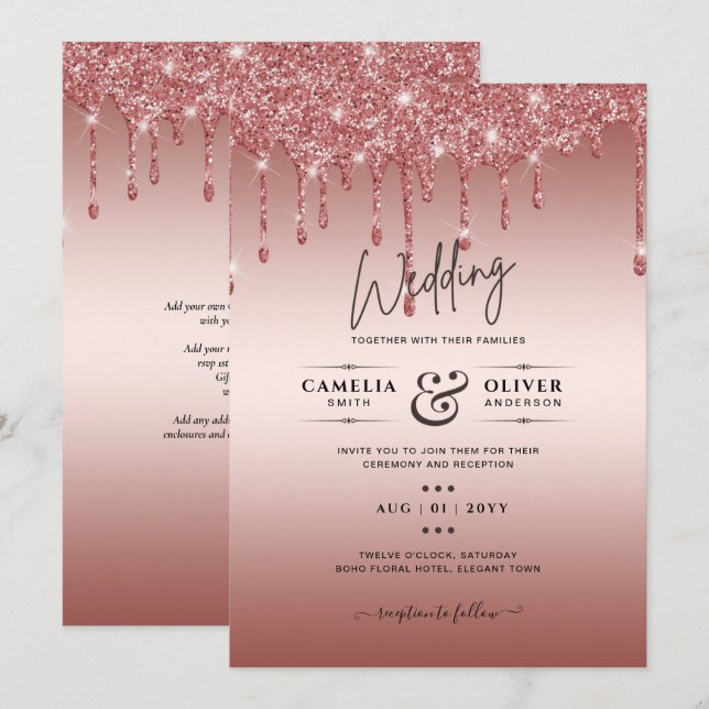 Invitation Rose Parties scintillant de goutte d'or Mariage mo (Devant / Derrière)