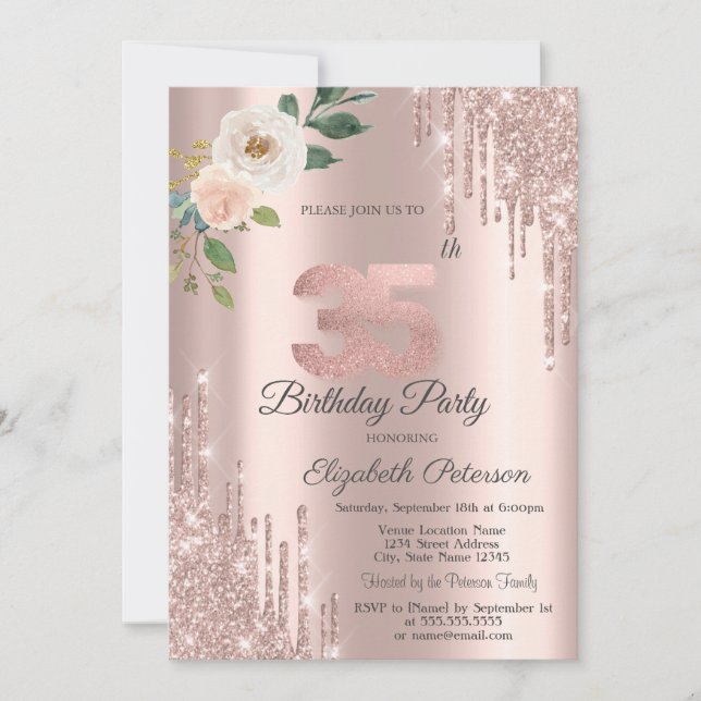 Invitation Rose Parties scintillant Drips Rose Gold 35e anniv (Devant)