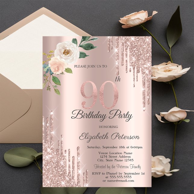 Invitation Rose Parties scintillant Drips Rose Gold 90e anniv (Créateur téléchargé)