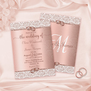 Invitation Rose Parties scintillant métal or Monogramme Maria