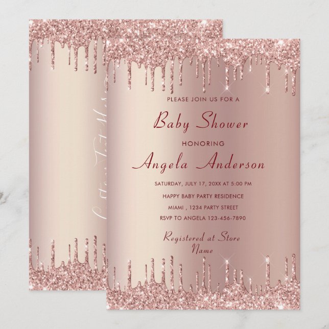 Invitation rose Parties scintillant or Baby shower (Devant / Derrière)