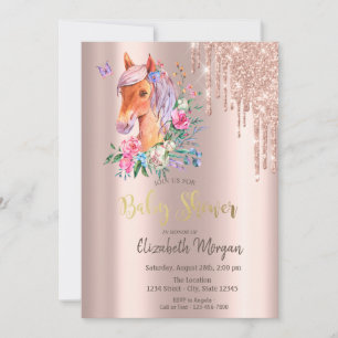 Invitation Rose Parties scintillant or  Baby shower de poney 