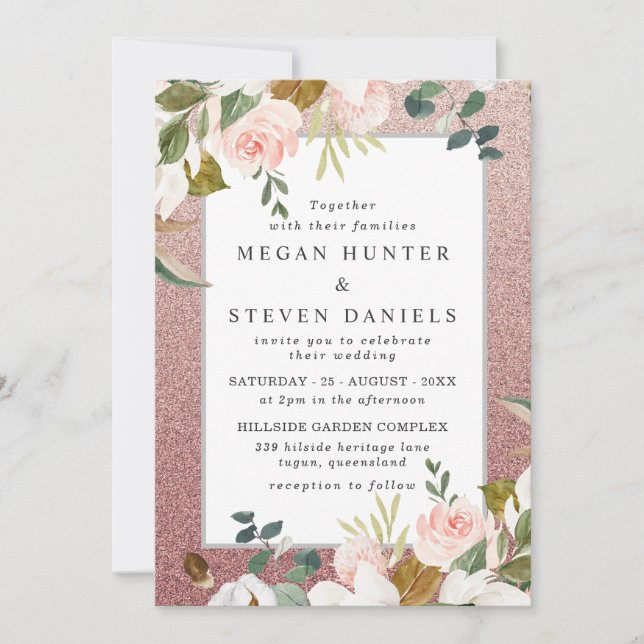 Invitation Rose Parties scintillant or Blush Floral moderne M (Devant)