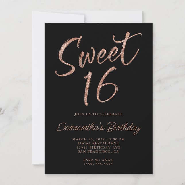 Invitation Rose Parties scintillant or Brush Script Sweet 16  (Devant)