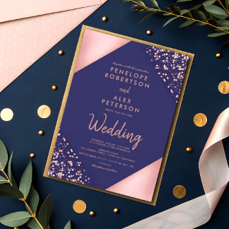 Invitation Rose Parties scintillant or Chic rayures géométriq
