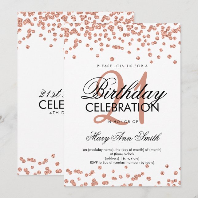 Invitation Rose Parties scintillant or Confetti Blanc 21e ann (Devant / Derrière)