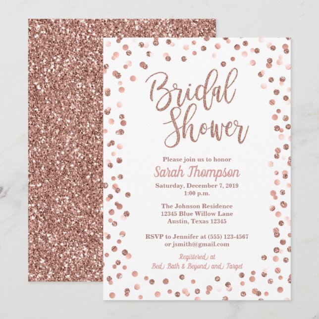 Invitation rose Parties scintillant or Confetti Fê (Devant / Derrière)