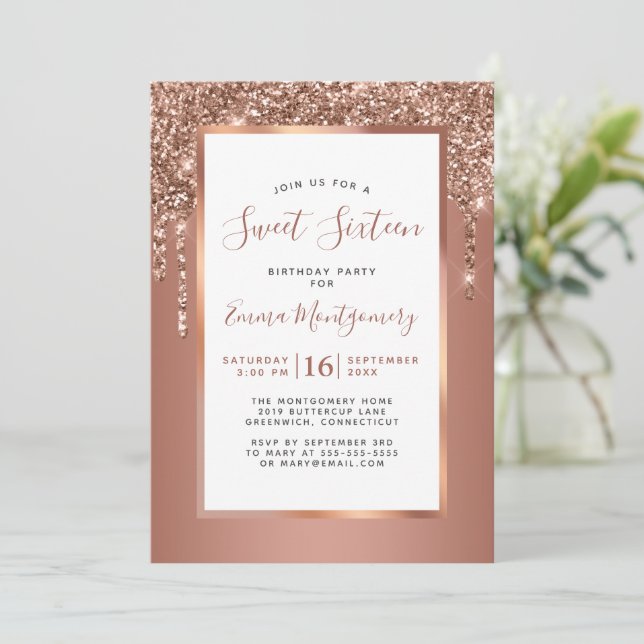 Invitation Rose Parties scintillant or Drip Sweet 16 Annivers (Debout devant)