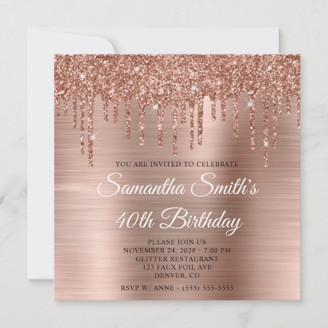 Invitation Rose Parties scintillant or Drips et Foil 40e anni (Devant)