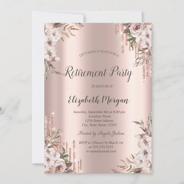 Invitation Rose Parties scintillant or Drives Chic Flowers Re (Devant)