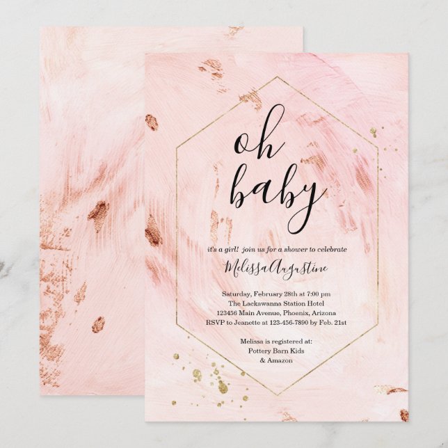 Invitation Rose Parties scintillant or Filles Baby shower Inv (Devant / Derrière)