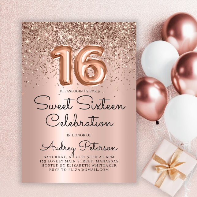 Invitation Rose Parties scintillant or Foil Balloon Sweet 16e (Créateur téléchargé)