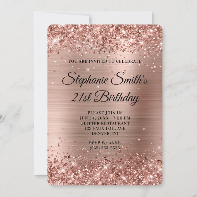 Invitation Rose Parties scintillant or Foil Monogramme 21e an (Devant)