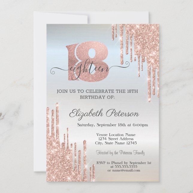 Invitation Rose Parties scintillant or gouttes argent 18e ann (Devant)