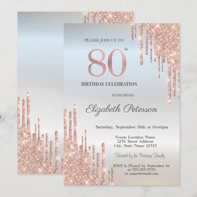Invitation Rose Parties scintillant or gouttes argent 80e ann (Devant / Derrière)