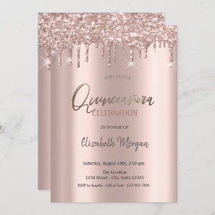Invitation Rose Parties scintillant or  gouttes Quinceanera