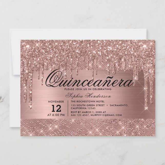 Invitation Rose Parties scintillant or gouttes Quinceañera (Devant)