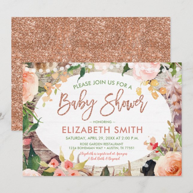 Invitation Rose Parties scintillant or Sage Baby shower flora (Devant / Derrière)