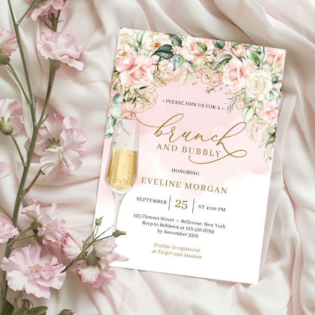 Invitation Rose pastel doux & brunch doré et mousseux (Elegant blush pink roses sage eucalyptus gold sparkles brunch and bubbly invitation digital )