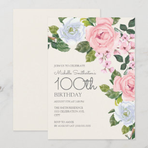 Invitation Rose pastel et floral blanc pour les 100 ans d'une