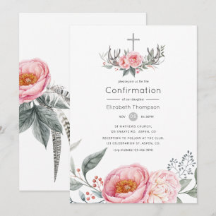 Invitation Rose pastel et gris floral bohème confirmation