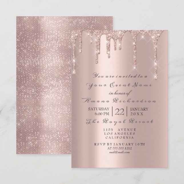 Invitation Rose Pastel Poudre Parties scintillant étincelante (Devant / Derrière)