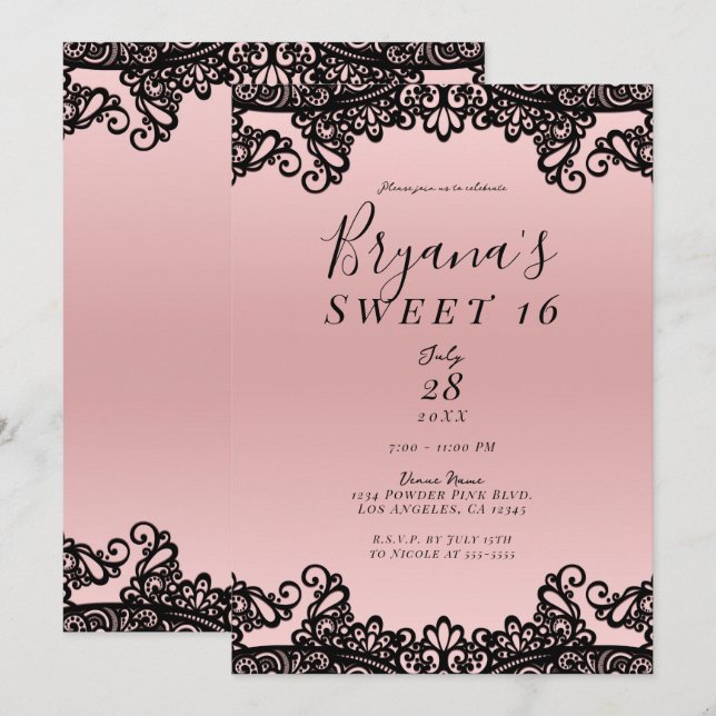Invitation Rose Peach Black Enk Lace Sweet 16 Party (Devant / Derrière)