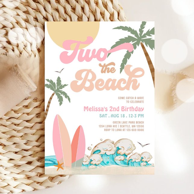 Invitation Rose Peach Girl DEUX BEACH Surfing 2e anniversaire (Créateur téléchargé)