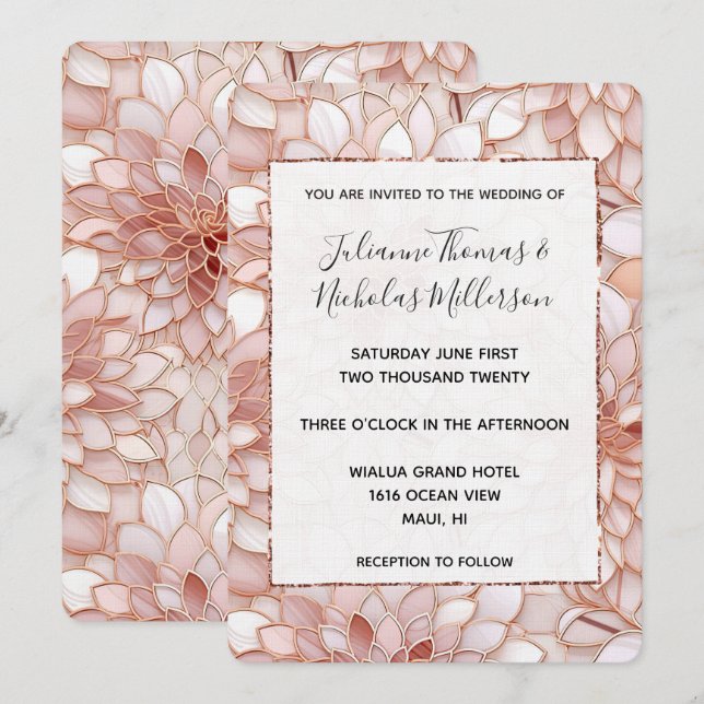 Invitation Rose Pearl Mariage Floral or (Devant / Derrière)
