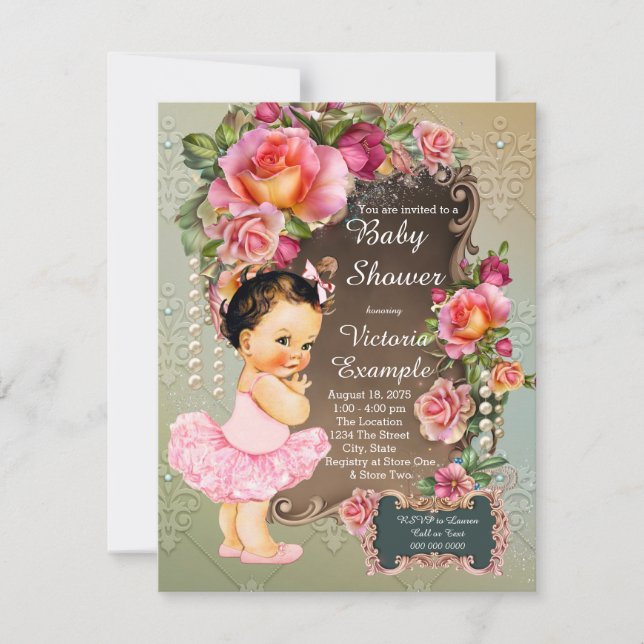 Invitation Rose Pearl Tutu Baby shower (Devant)