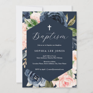 Invitation Rose Pêche Floral Moderne Baptême