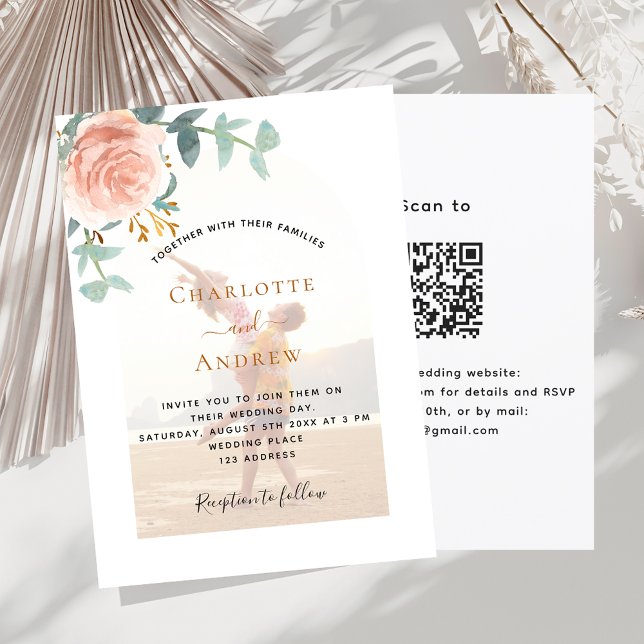 Invitation Rose photo arch QR RSVP mariage de luxe (Créateur téléchargé)