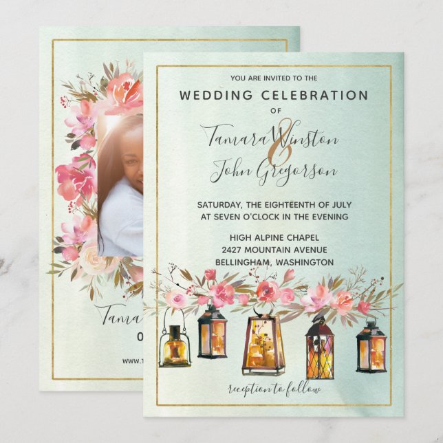 Invitation Rose photo Lanternes or Aquarelle Floral Mariage (Devant / Derrière)