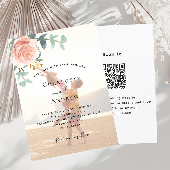 Invitation Rose photo or vert fleurie QR RSVP mariage (Créateur téléchargé)