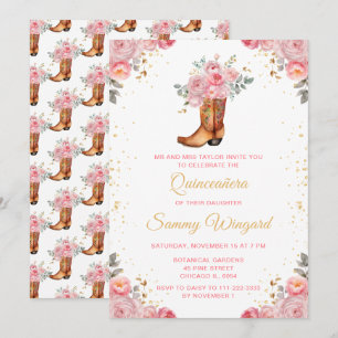 Invitation Rose Pink et Or Floral Cowboy Bottes Quinceañera