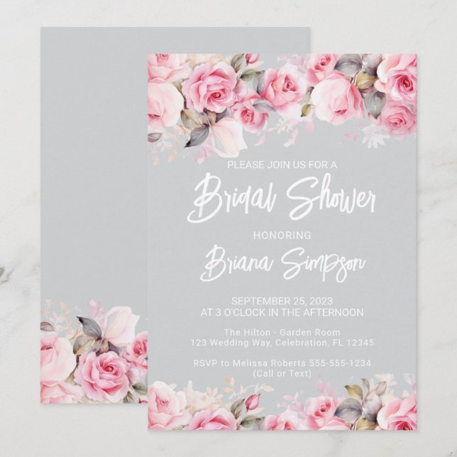 Invitation Rose Pink Floral Gray Bridal Shower  (Devant / Derrière)