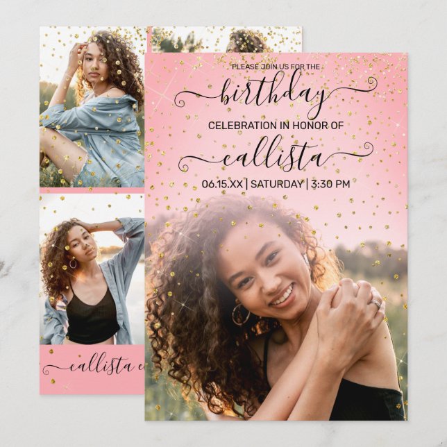 Invitation Rose Pink Gold Confetti Photo Collage Anniversaire (Devant / Derrière)