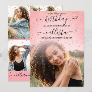 Invitation Rose Pink Gold Confetti Photo Collage Anniversaire