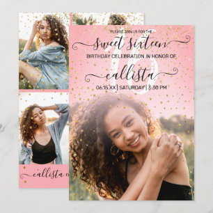 Invitation Rose Pink Gold Confetti Photo Collage Sweet 16