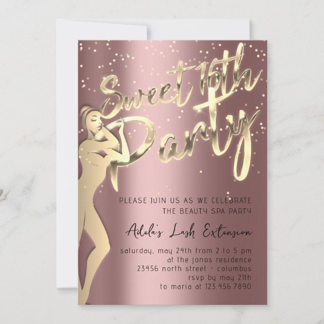 Invitation Rose Pink Gold Confetti Sweet 16ème Partie (Devant)