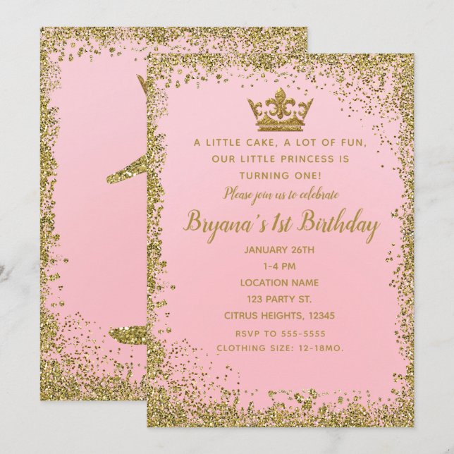 Invitation Rose Pink & Gold Parties scintillant Couronne 1er  (Devant / Derrière)