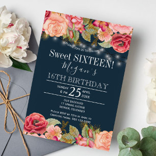 Invitation Rose pink lumières en fil doré bleu marine sweet 1