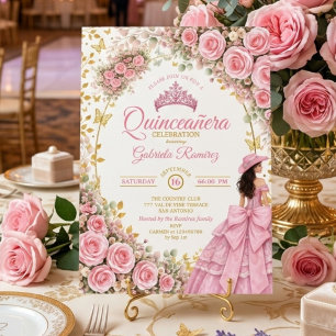Invitation Rose Pink Papillon Doré Quinceañera Occidental