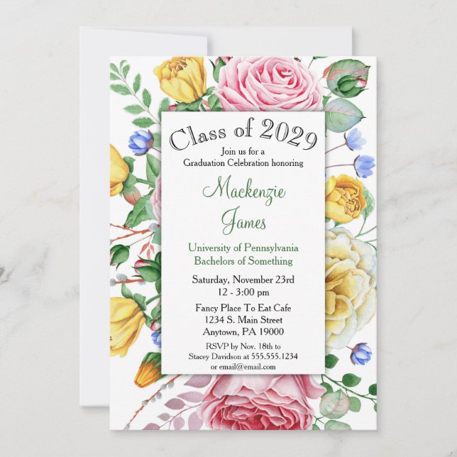 Invitation rose Pink Yellow Floral Graduation (Devant)