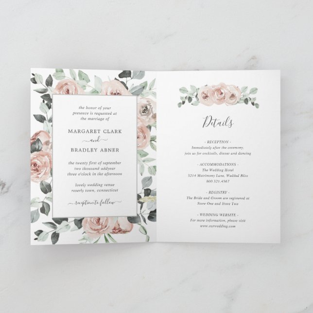 Invitation Rose plié rose Sage Rose Floral Dusty Mariage (Intérieur)