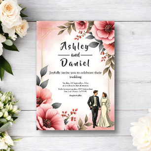 Invitation Rose Poudré Mariage Fleur Floral Mariée Marié