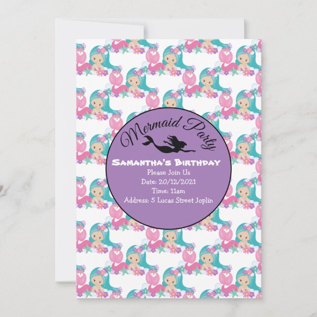 Invitation Rose pour une Fête Sirène Violette (Devant)