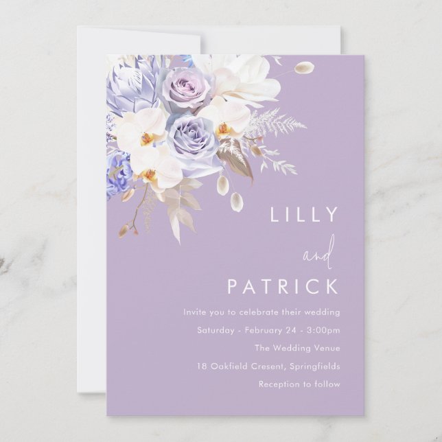 Invitation Rose pourpre et Mariage floral blanc (Devant)